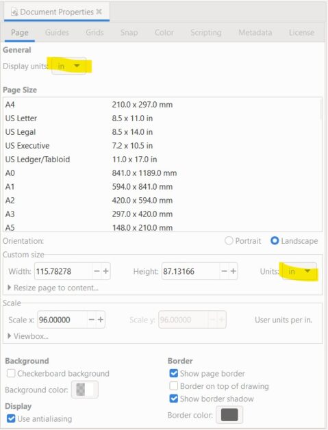 Document properties tab in Inkscape