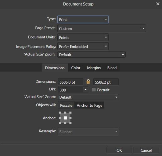 Affinity Designer document setup menu