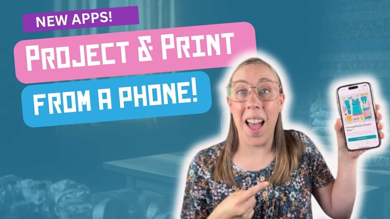 Woman pointing to a phone with happy face. Project patterns from a phone!