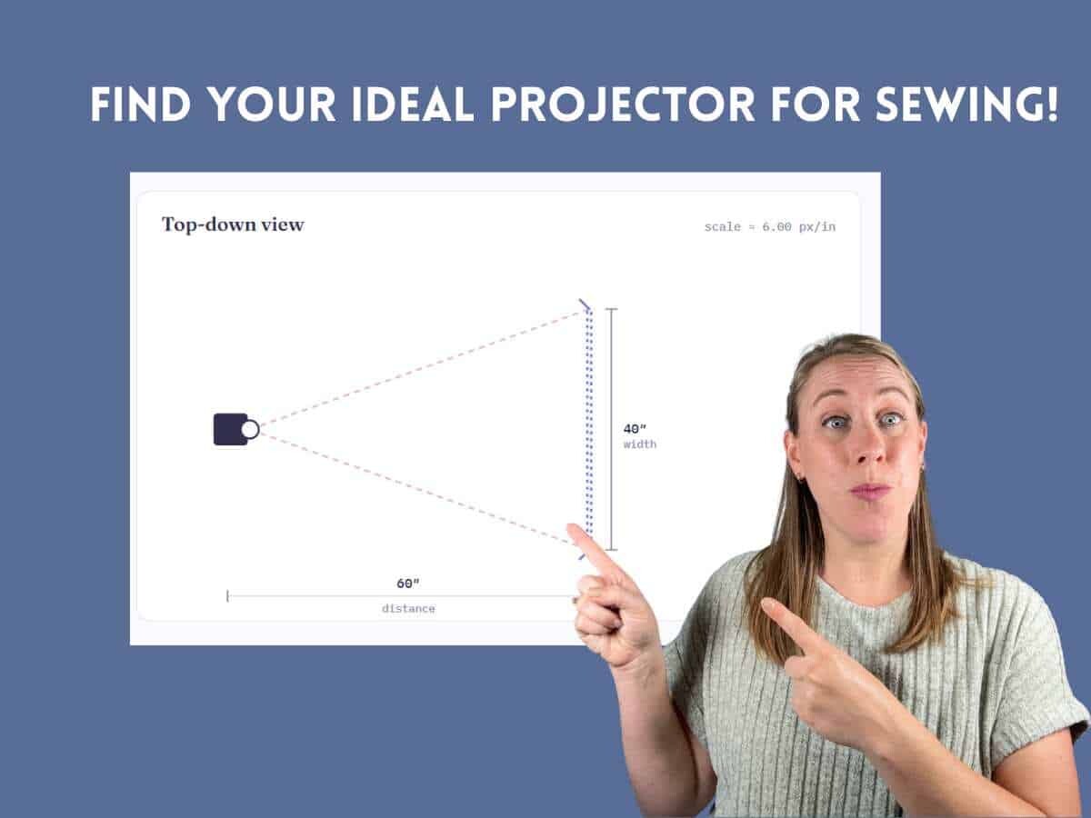 Woman points to throw ratio picture for projector sewing
