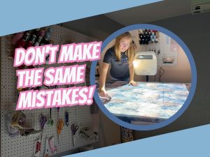 A photo of a woman using a projector to cut out a sewing pattern on a table. Label says "Don't make the same mistakes!"