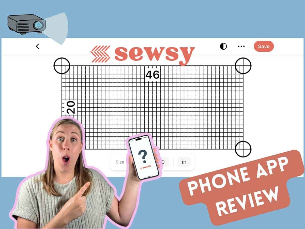 Woman points to phone, Sewsy phone app review