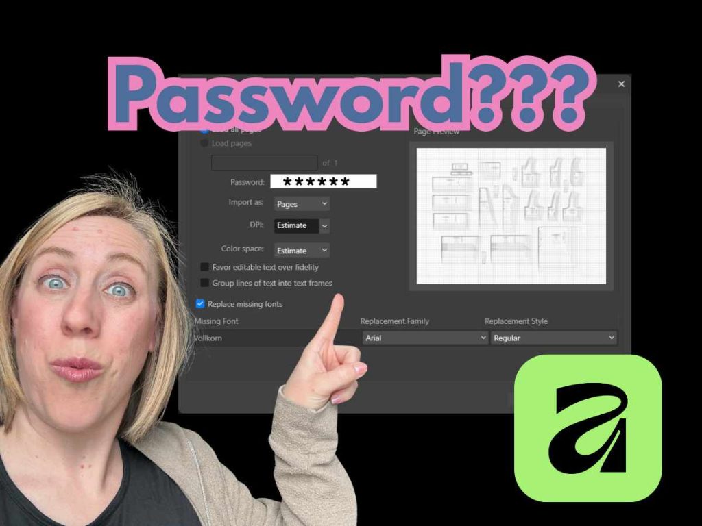 Woman pointing to a window in Affinity asking for a password